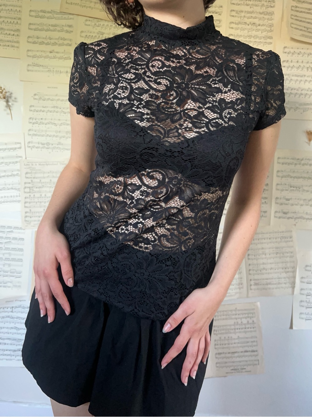 Black Lace Mock-Neck Short Sleeve Top